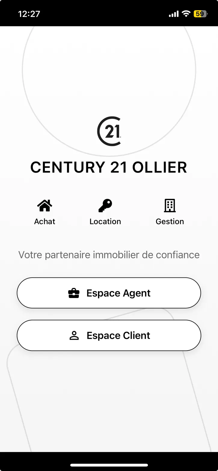 Page d'accueil de l'application Century 21 Ollier